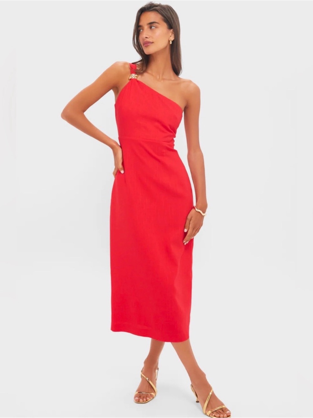 One-Shoulder Red Linen Midi Dress with Gold Accent